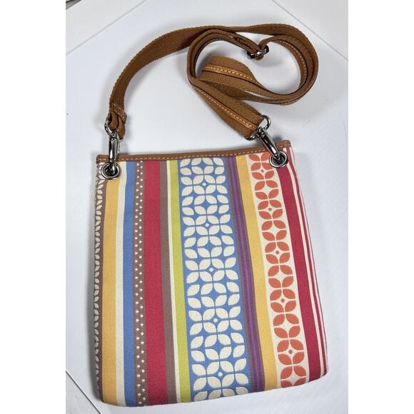 Fossil Canvas Fabric & Leather Crossbody Bag Purse Multicolor Geometric Stripe - Picture 3 of 13